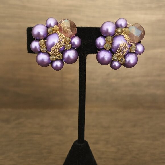Vintage 90's Women's Purple Glittery Chunky Cluster Beaded Clip on Earrings Retr - Picture 1 of 6
